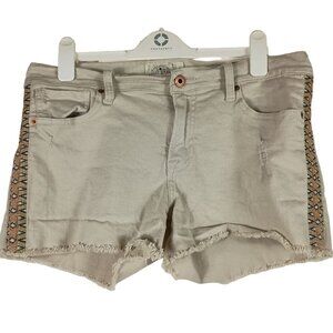 Lucky Brand Malibu Shorts Womens M 10/30 Khaki Cutoff Embroidered Boho Raw Hem